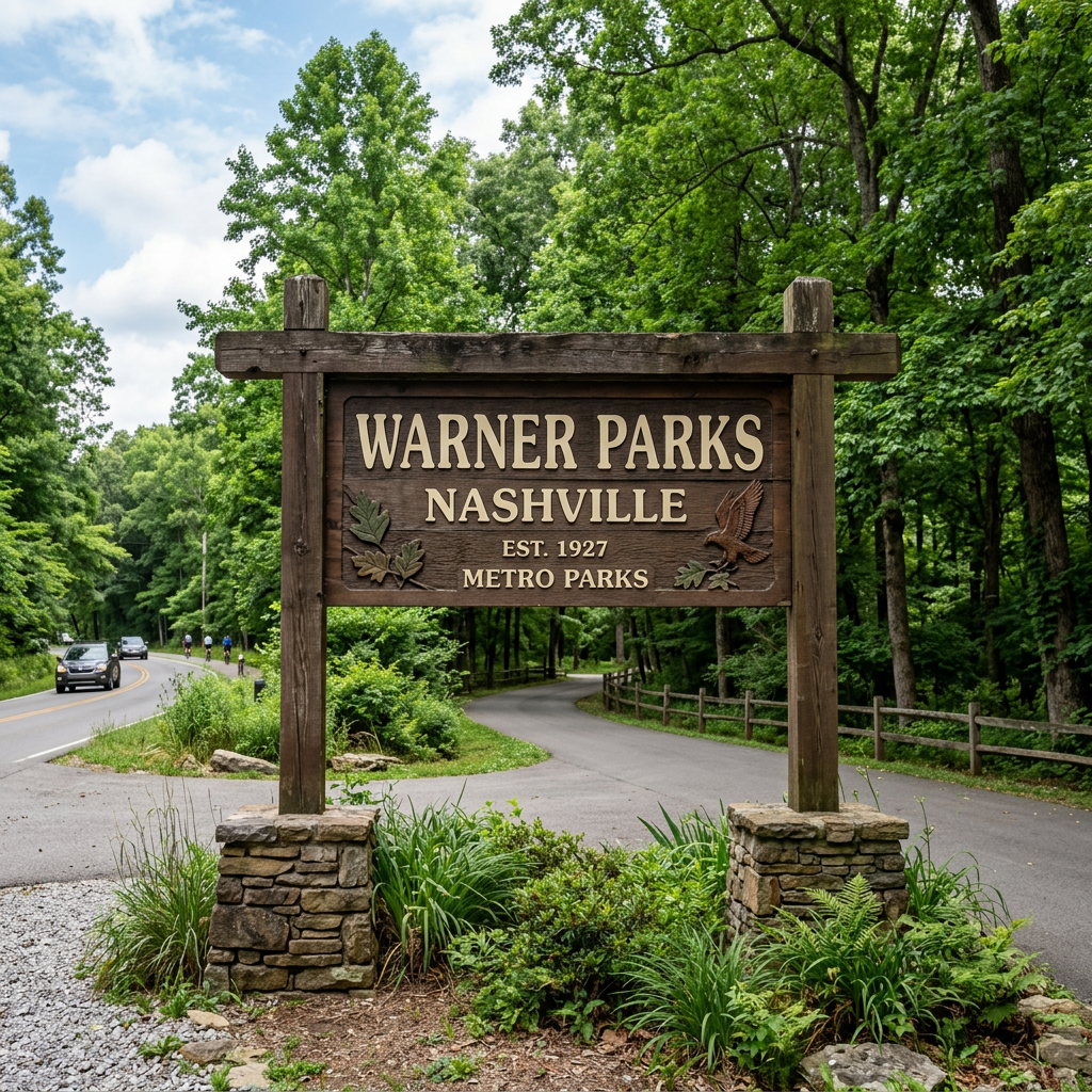 Wooden sign reading 'Warner Parks Nashville Est. 1927 Metro Parks' at park entrance
