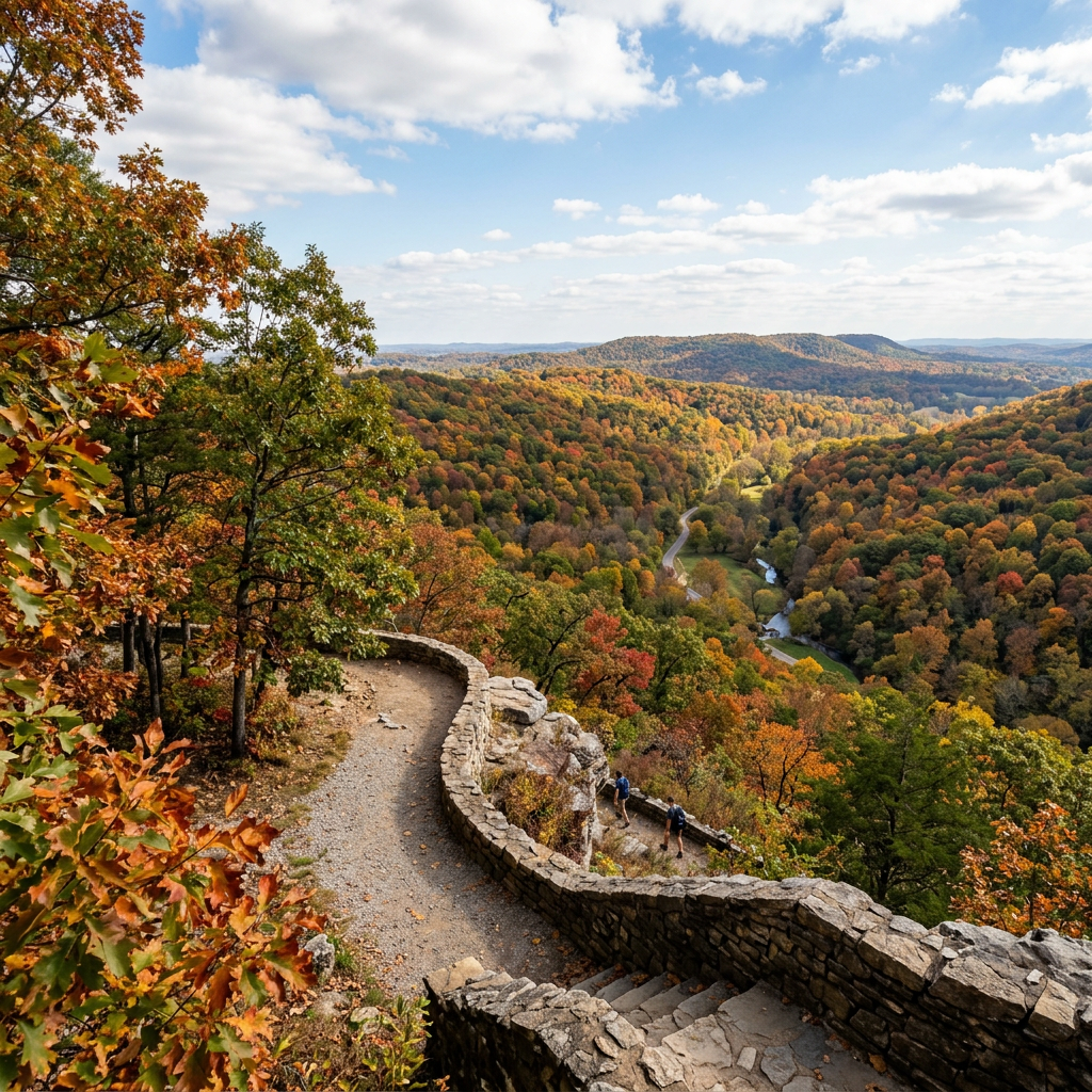 Winding stone trail with stairs overlooks colorful fall forest and hills